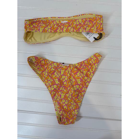 NWT KENDALL+KYLIE  Yellow Pink Flower Bandeau Bikini Swimsuit Coverup Set Sz S - Picture 4 of 5